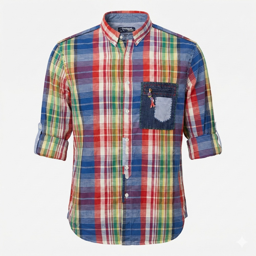 Desigual Shirt Mens‎ XL Patchwork Plaid Madras Button Down